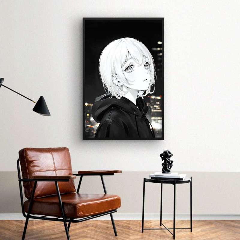 Quadro Decorativo Menina Mangá P&B