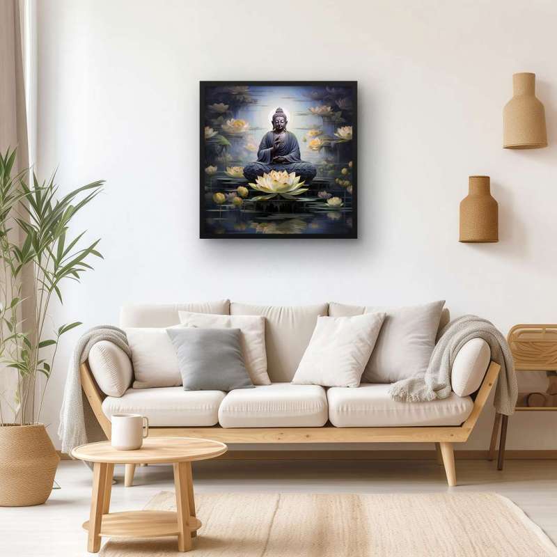 Quadro Decorativo Buda e Flores de Lótus